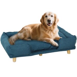 Hundesofa, kæledyrssofa, kæledyrsseng, aftagelig og vaskbar polstring, natur + mørkeblå